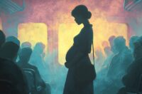 Image of a pregnant woman standing on a crowded train.