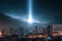 Image of a light beam from space lighting up a city at night.