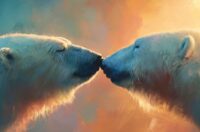 Image of two polar bears touching noses,