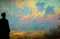 Image of a man feel calm and relaxed while looking at a beautiful painting.